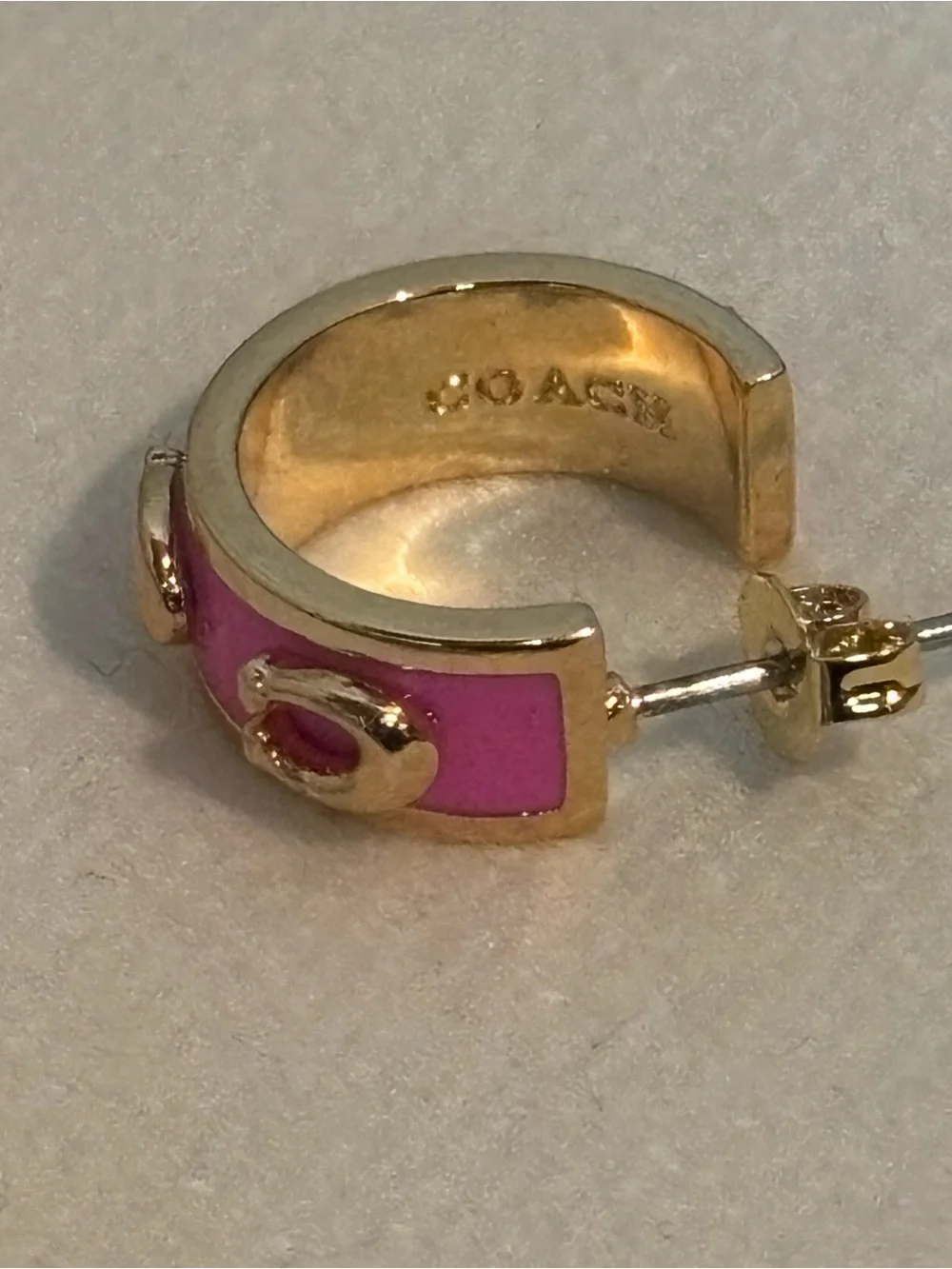 Coach Pink Enamel Signature C Gold Tone Huggie Hoop Earrings NWT Display - Picture 9 of 10